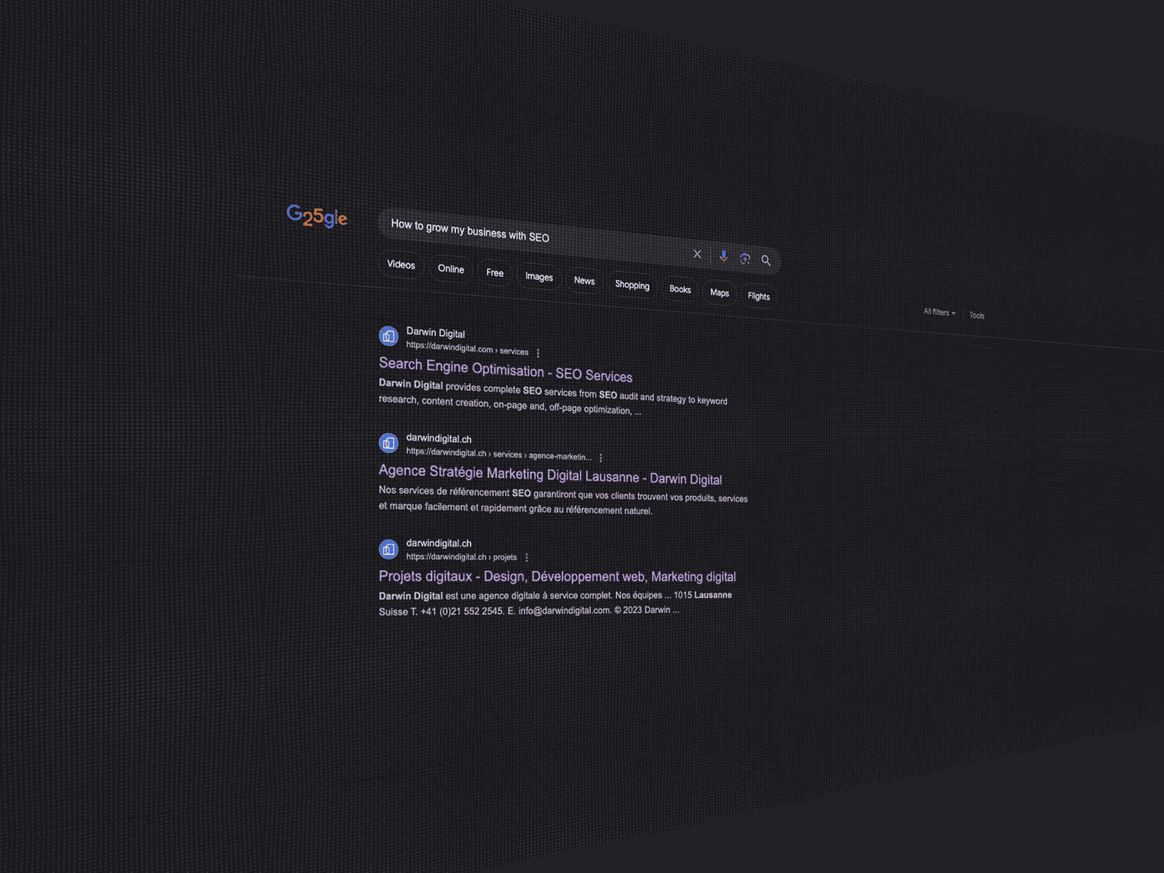 Screenshot of a Google search for "How to grow my business with SEO" with mock-up results