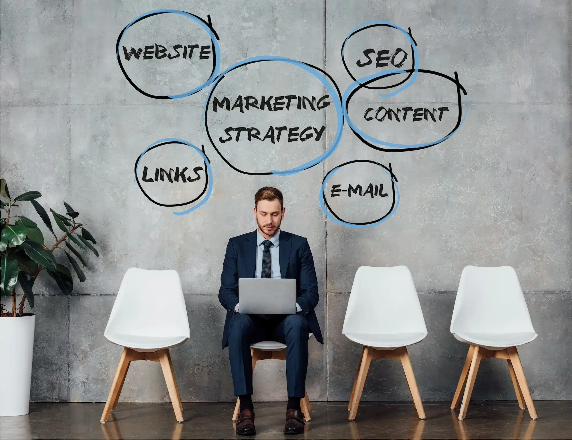 A businessman sitting on a chair thinking about his marketing strategy