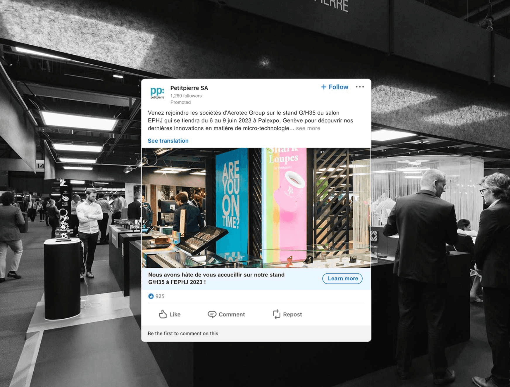 Screenshot of a LinkedIn ad advertising Petitpierre's presence at EPHJ 2023