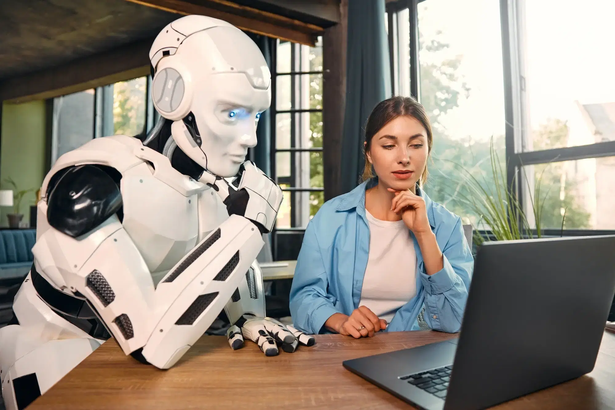 A young woman and a robot working together on a laptop in office